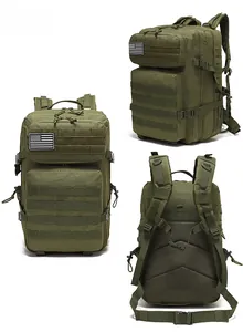 Detailed multi-angle views of army green tactical backpack with MOLLE system and mesh padding