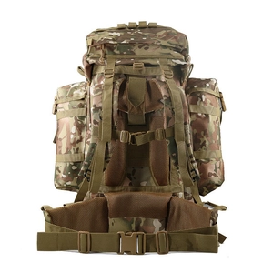 Detailed rear view of 80L tactical hiking backpack with padded S-straps and MOLLE webbing