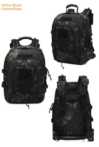 Tactical camouflage backpack in police black camo showing front, side, and breathable back