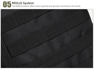 Detail of reinforced MOLLE webbing system on black waterproof tactical backpack surface