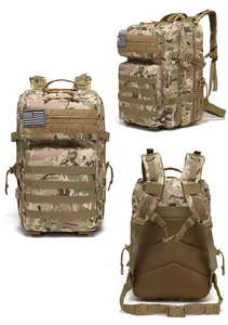 Three-way view of camouflage tactical backpack with MOLLE system and breathable mesh back