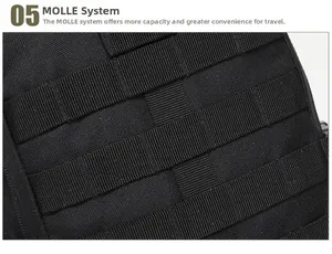 Close-up of durable MOLLE webbing system on a black tactical outdoor backpack