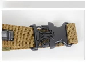 Close-up of military tactical belt featuring quick-release double safety buckle system