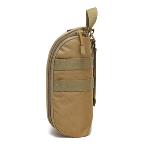 Tactical MOLLE accessory pouch in khaki nylon with silent zippers and reinforced handle