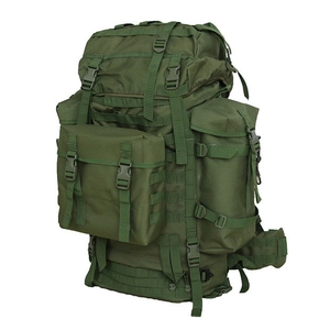 Detail of army green 80L tactical backpack showing Molle webbing and durable buckles