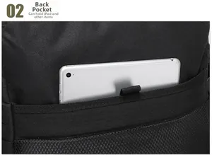 Close-up of waterproof tactical backpack back pocket holding a mini tablet for storage