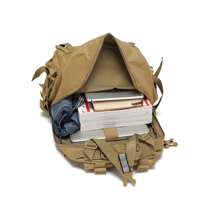 Outdoor tactical backpack in khaki showing large capacity main compartment for electronics