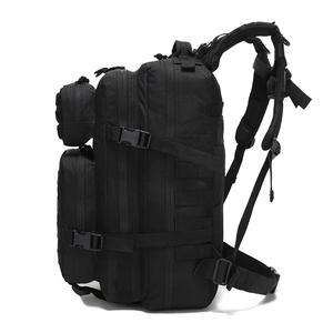 Black tactical backpack with MOLLE system and multi-layer storage for outdoor hiking