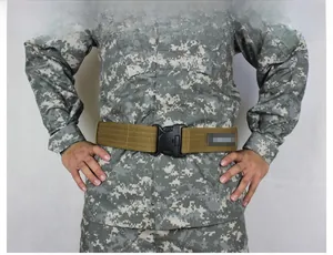 Tactical nylon waist belt in khaki with a heavy-duty quick-release buckle for outdoor gear