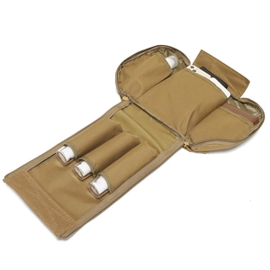 Tactical MOLLE utility pouch in khaki nylon with elastic slots and inner zipper pockets
