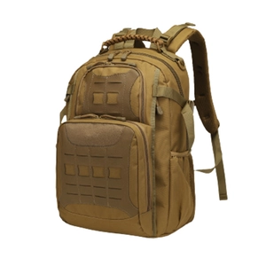 Tactical hiking backpack in coyote brown with laser-cut MOLLE system and nylon fabric