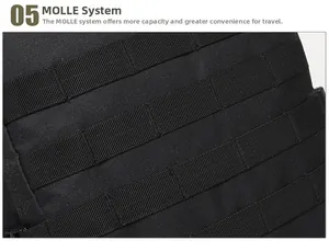 Detail view of the heavy-duty MOLLE system webbing on the black tactical backpack