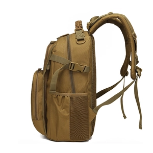 Tactical coyote brown outdoor hiking backpack with paracord handle and side mesh pocket
