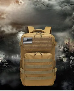 Tactical hiking backpack in khaki with MOLLE system and American flag patch detail