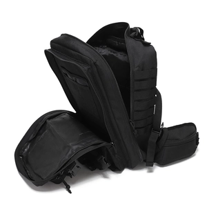 Black water-resistant tactical backpack with MOLLE system and multiple storage compartments