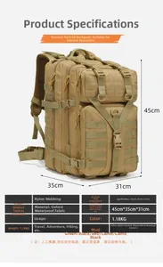 Detailed size specifications for waterproof tactical backpack measuring 45x35x31cm in khaki