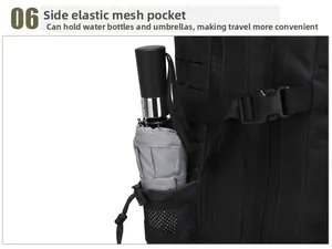 Tactical backpack side view showing elastic mesh pocket with a folded umbrella inside