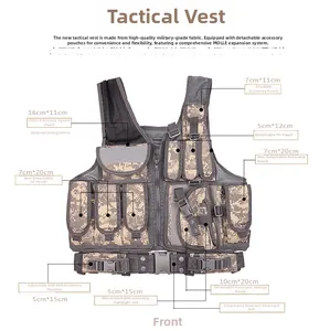Detailed view of camo tactical vest showing MOLLE system and multiple utility pockets