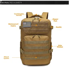 Detail view of khaki tactical backpack featuring MOLLE system and waterproof oxford fabric