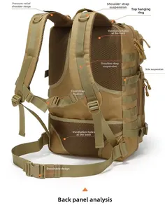 Tactical backpack back view showing MOLLE system, breathable mesh and chest straps