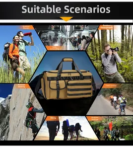 Tactical khaki travel bag showing various outdoor usage scenarios and MOLLE system detail