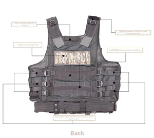 Detail of grey tactical vest back featuring MOLLE system, D-rings, and breathable mesh fabric