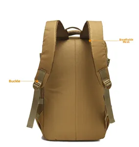 Detail view of khaki tactical backpack featuring breathable mesh back and adjustable buckles