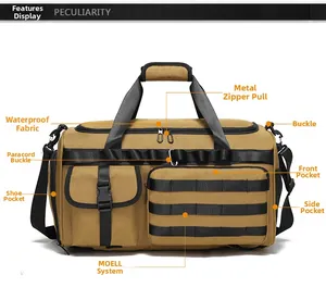 Detail view of khaki tactical fitness bag featuring waterproof fabric and side shoe compartment