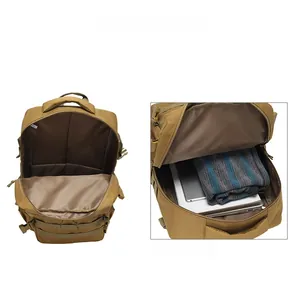 Internal view of tactical backpack showing main compartment with laptop and tablet sleeve