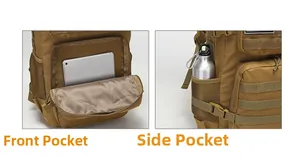 Tactical backpack detail showing front tablet pocket and side water bottle holder