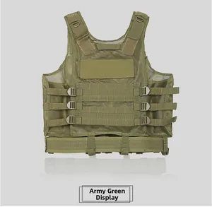 Detail of army green tactical vest featuring MOLLE webbing and velcro attachment panels