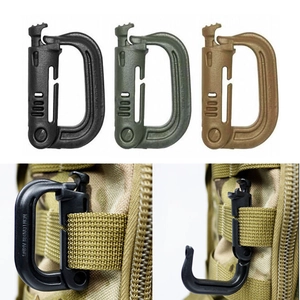 Tactical D-ring carabiner for MOLLE webbing attachment in black, green, and sand colors