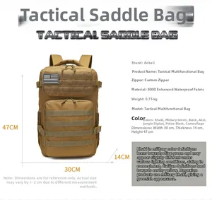 Detail showing 800D waterproof fabric and MOLLE system on the khaki tactical backpack