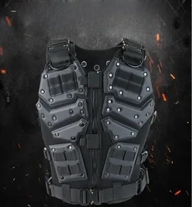 Close-up of tactical vest with reinforced armor plates, D-rings and adjustable buckles