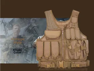 Detail view of khaki tactical vest featuring modular pouches and reinforced utility pockets