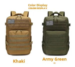 Detail view of khaki and army green tactical backpacks with MOLLE webbing and flag patches