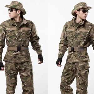 Multicam tactical uniform set featuring a wide buckle belt and boonie hat in a side view