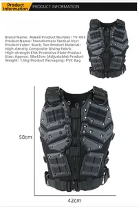 Detailed size chart and tactical vest dimensions showing 58x42cm adjustable fit guide