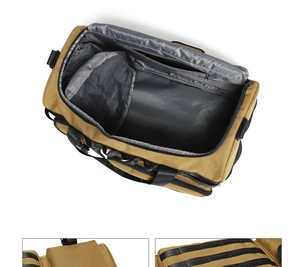 Detailed view of tactical gym bag interior with gray lining and black Molle webbing straps