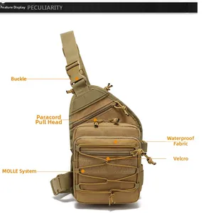 Tactical chest bag detail featuring MOLLE system, waterproof fabric, and paracord zippers