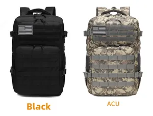 Detailed comparison of tactical backpacks in black and ACU camouflage with MOLLE system