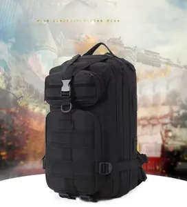 Detail view of durable black tactical backpack with MOLLE webbing for outdoor training gear