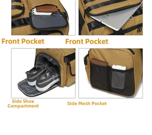 Tactical travel bag detail showing shoe compartment, front pocket and side mesh storage