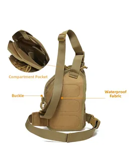 Detail view of khaki tactical chest bag with waterproof fabric and adjustable buckle strap
