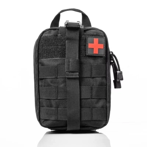 Tactical medical pouch in black nylon with MOLLE system and red cross patch detail