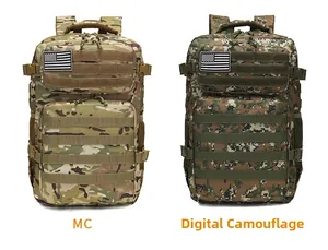 Side-by-side view of MC camo and digital jungle tactical backpacks with flag patches