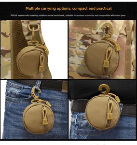 Tactical round coin pouch showing MOLLE attachment options for belts and backpacks