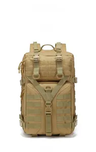 Front view of tan tactical backpack featuring durable MOLLE webbing and buckles