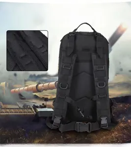 Close-up of reinforced stitching and durable Molle system on black tactical backpack