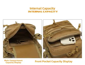 Detail view of khaki tactical bag compartments showing internal storage and front phone pocket